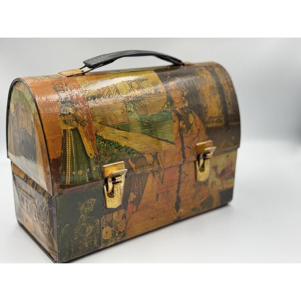 Vintage 1950s–60s Decoupage Lunchbox – Flocked Interior, Mid-Century